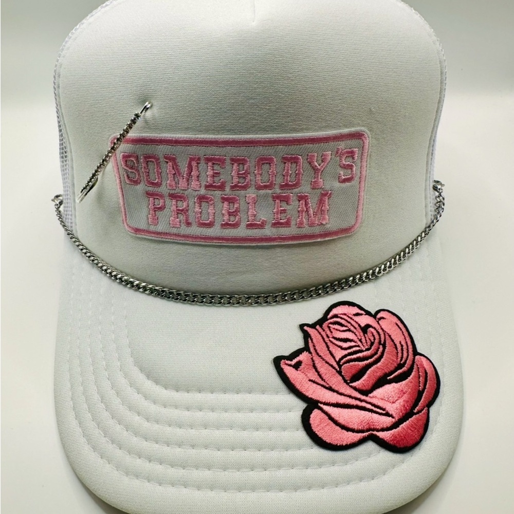 White and Pink Embroidered Patch Cap